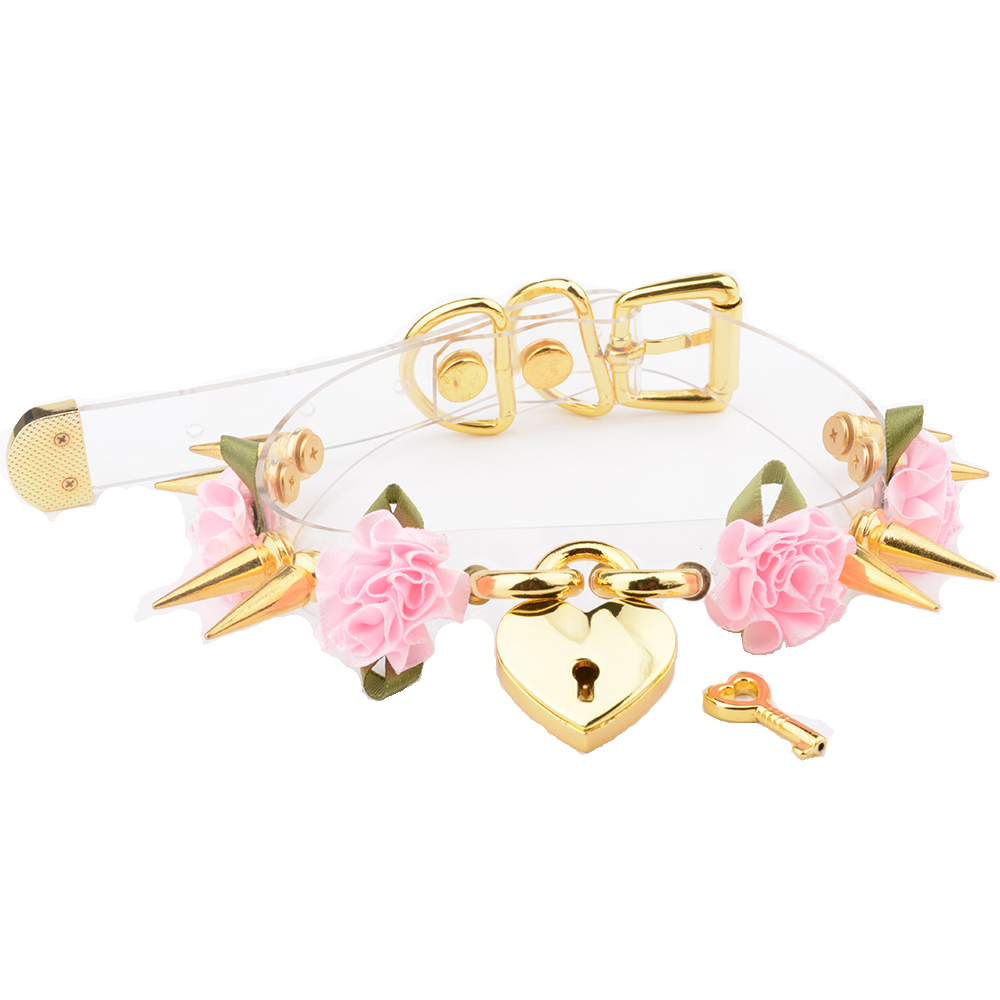 Lolita Transparent Flowery Golden Spiked Lockable Heart With Key Choker