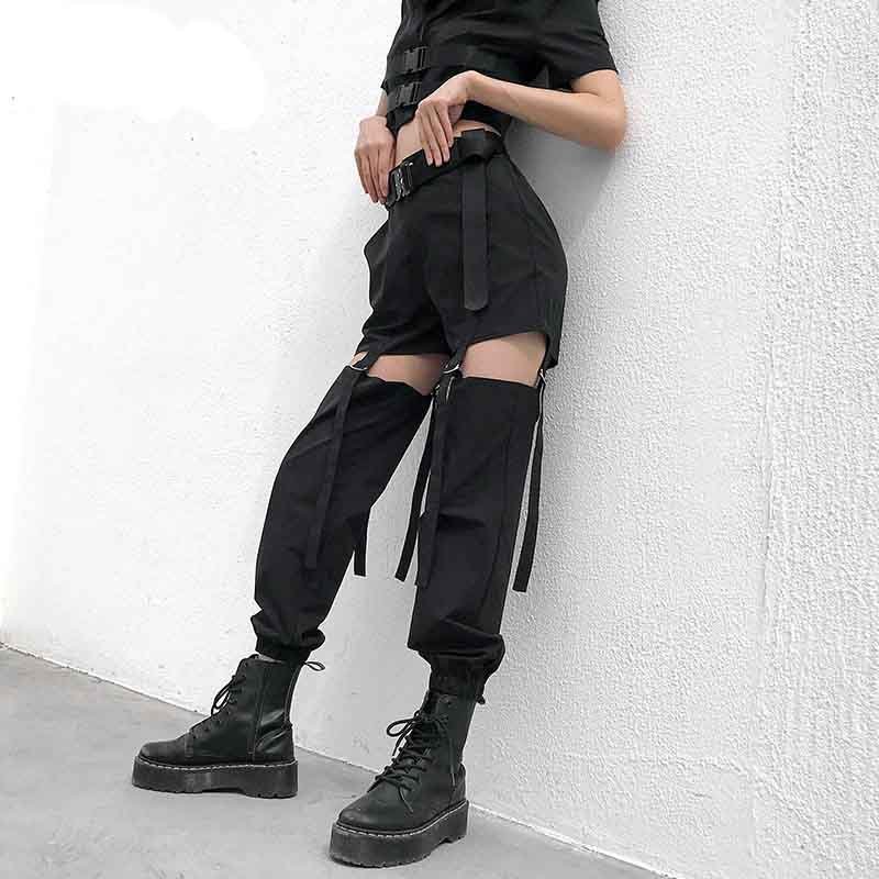 Black High Waist Cargo Pants with Buckle Hollow-up